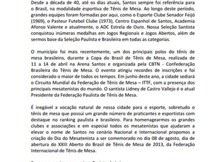 Santos será a segunda cidade do país a comemorar o Dia do Mesatenista