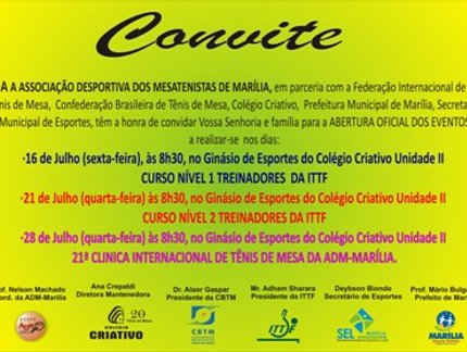 CURSOS DE TREINADORES DA ITTF NÍVEL 1 E 2 E PARA A 21ª CLÍNICA INTERNACIONAL