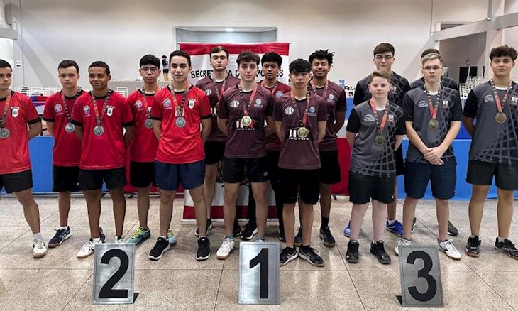 Os medalhistas do tênis de mesa masculino dos Jogo