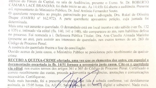 Trecho da Assentada de Audiência em que o MP receb