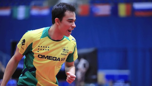 Hugo Calderano comemora na Hungria - Crédito: ITTF