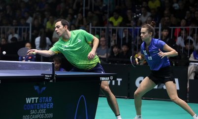 Hugo Calderano e Bruna Takahashi são finalistas das duplas mistas no WTT Star Contender São José dos Campos