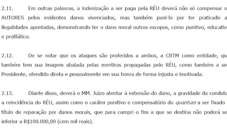 Trecho do pedido de indenização impetrado pela CBT