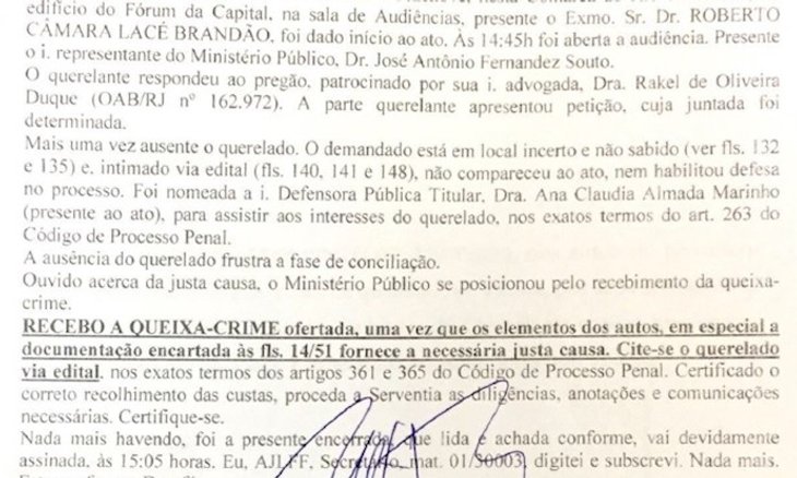 Trecho da Assentada de Audiência em que o MP receb