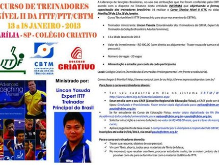 Inscrições para Curso Técnico Nível II da ITTF podem ser feitas até dia 04