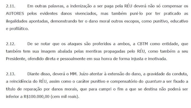 Trecho do pedido de indenização impetrado pela CBT