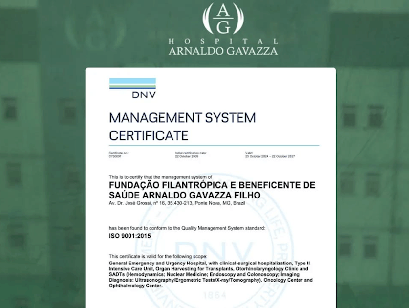 O Hospital Arnaldo Gavazza recebe o Certificado ISO 9001: 2015